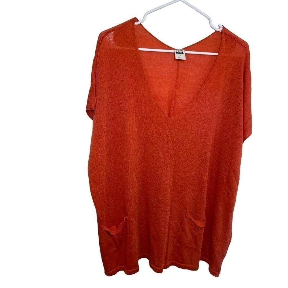 Vero Moda Womens Sz Small Inez Oversized Blouse Pink Orange Pockets Short Sleeve